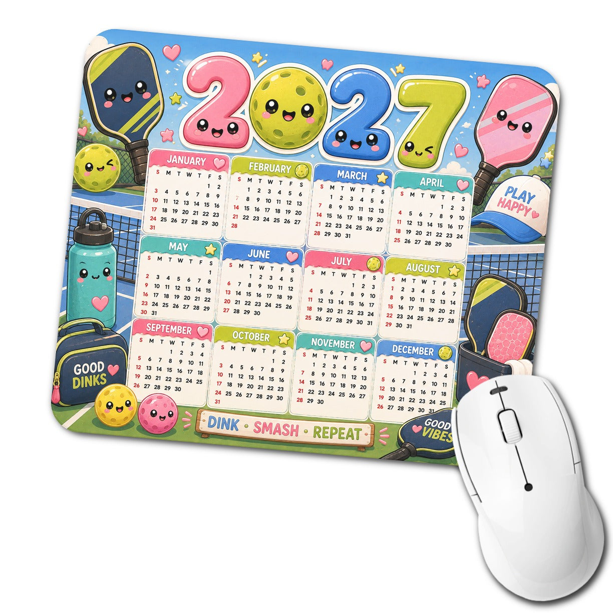 Kawaii Pickleball Inspirational 2027 Calendar Low Profile Mouse Pad Mat