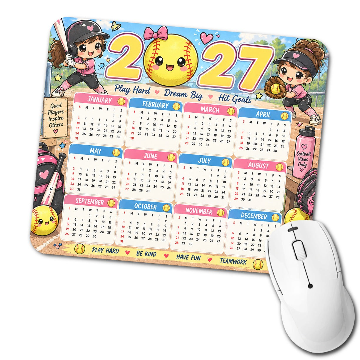 Kawaii Softball Girls 2027 Calendar Low Profile Mouse Pad Mat