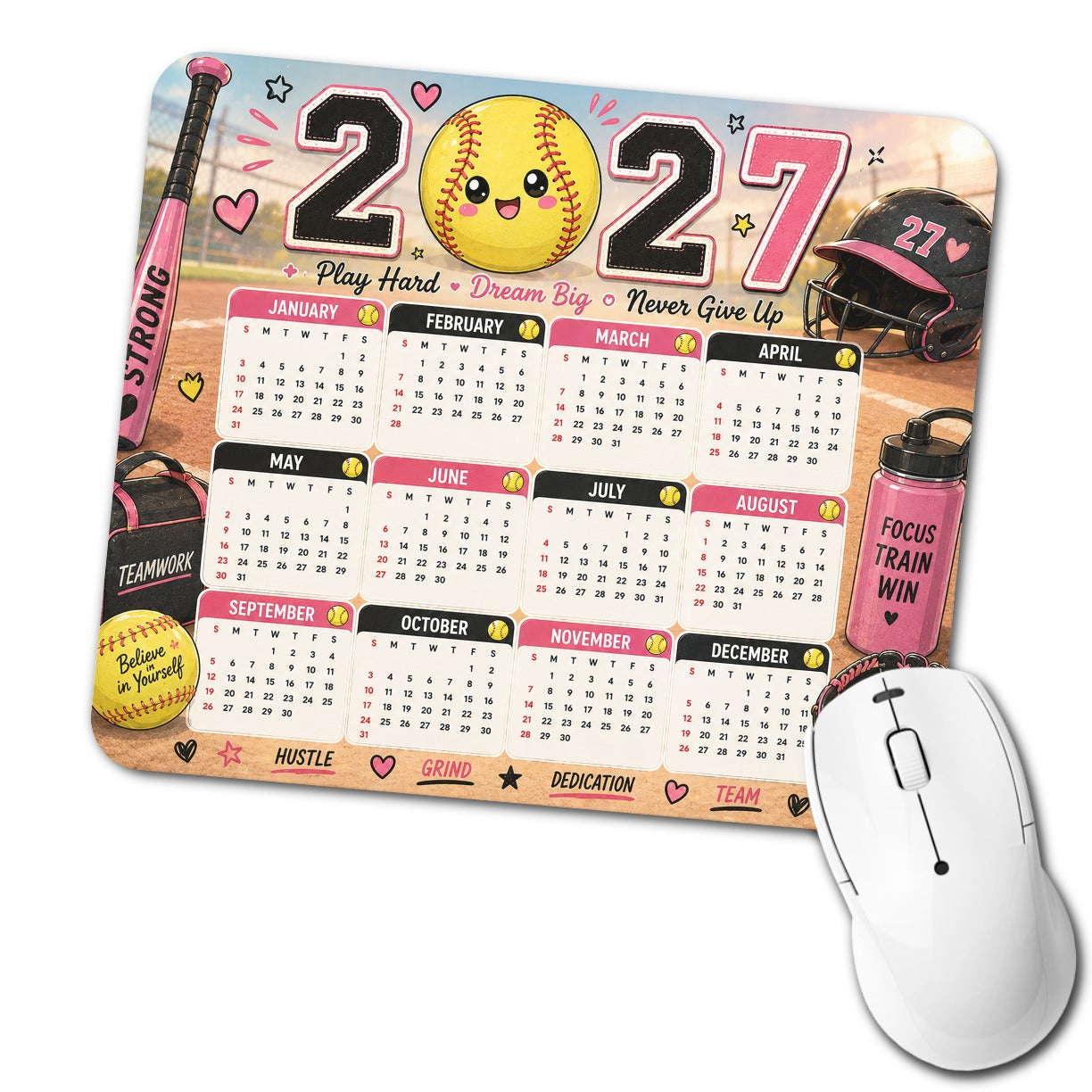 Kawaii Softball Girls Pink Black 2027 Calendar Low Profile Mouse Pad Mat