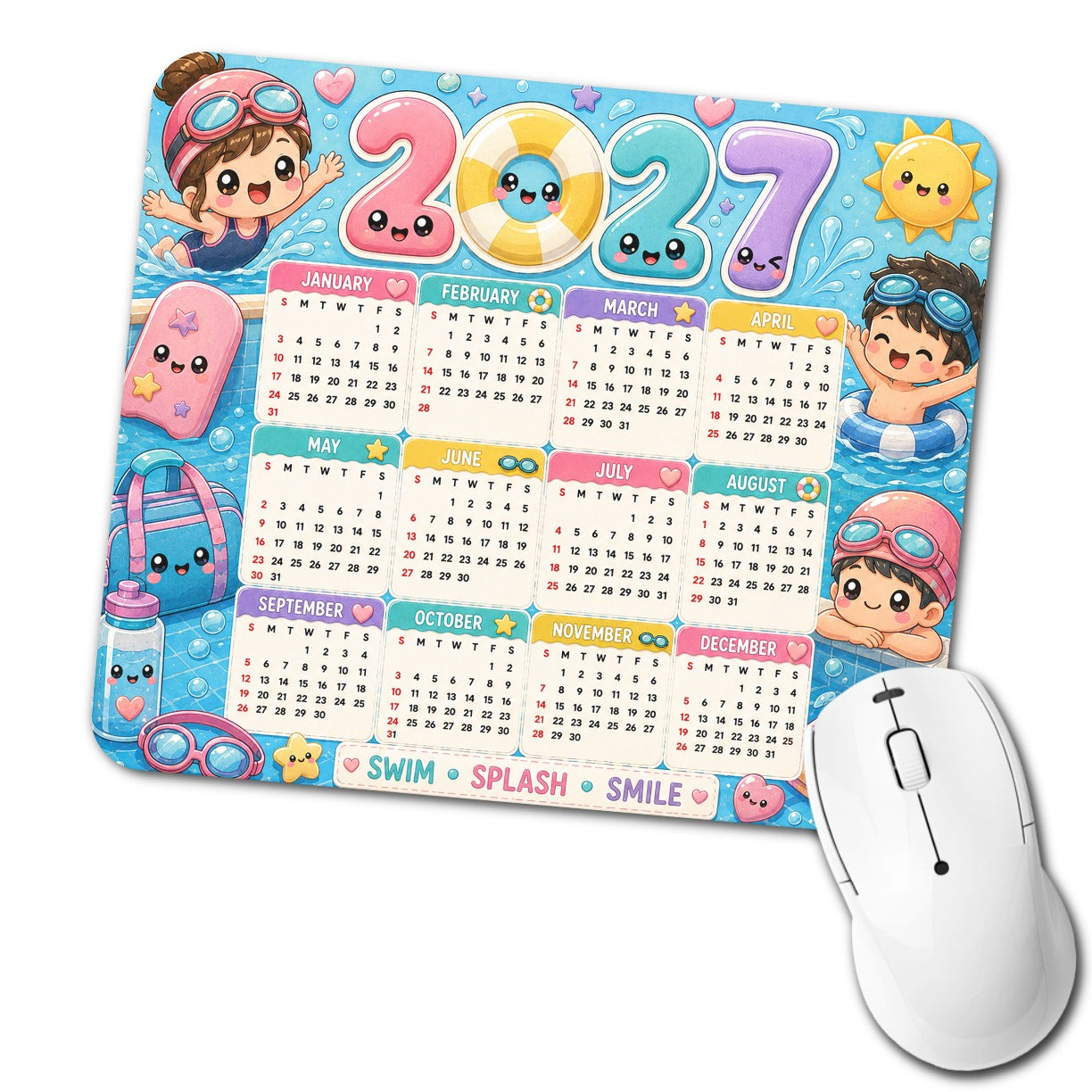 Kawaii Swimming Swimmer 2027 Calendar Low Profile Mouse Pad Mat
