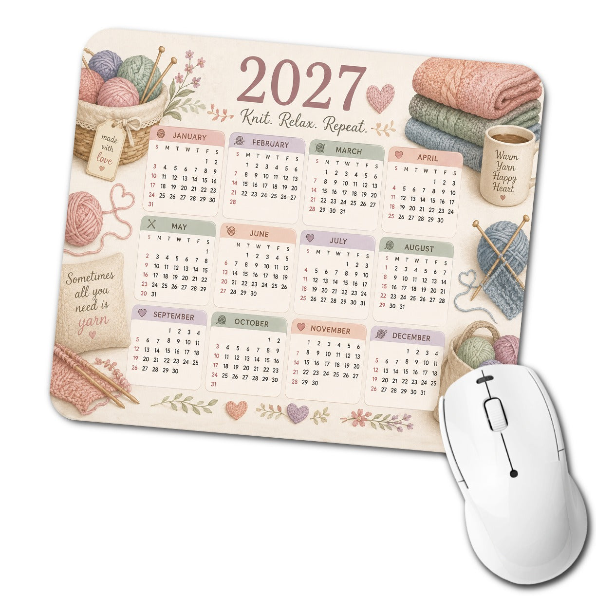 Knitting Knitter 2027 Calendar Low Profile Mouse Pad Mat