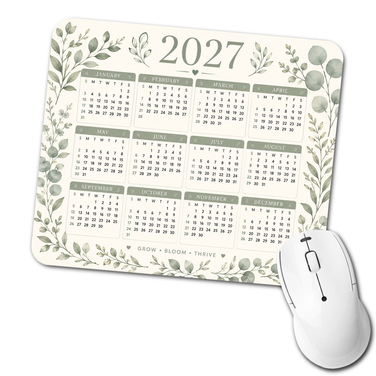 Minimalist Botanical Office 2027 Calendar Low Profile Mouse Pad Mat