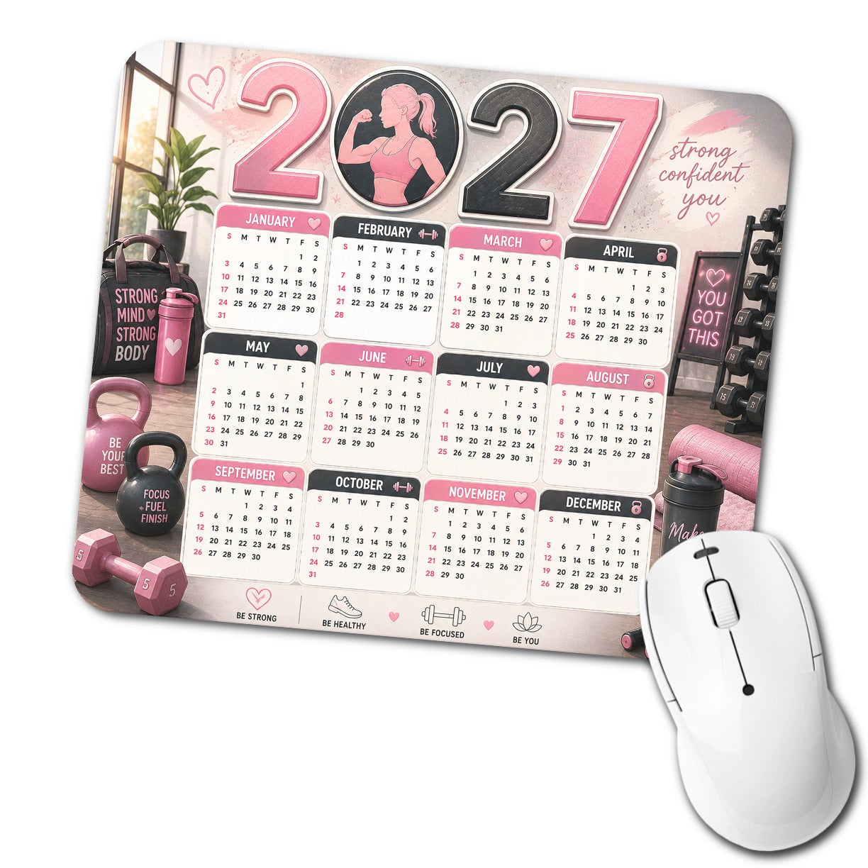 Pink Strong Confident Gym 2027 Calendar Low Profile Mouse Pad Mat