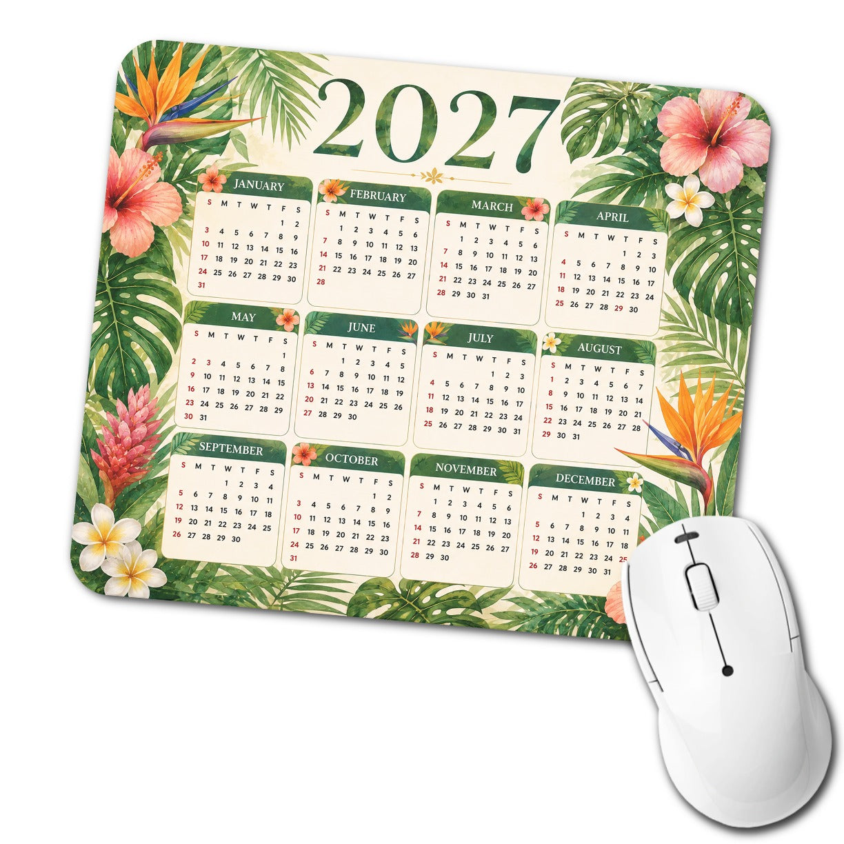 Tropical Botanical Flowers 2027 Calendar Low Profile Mouse Pad Mat