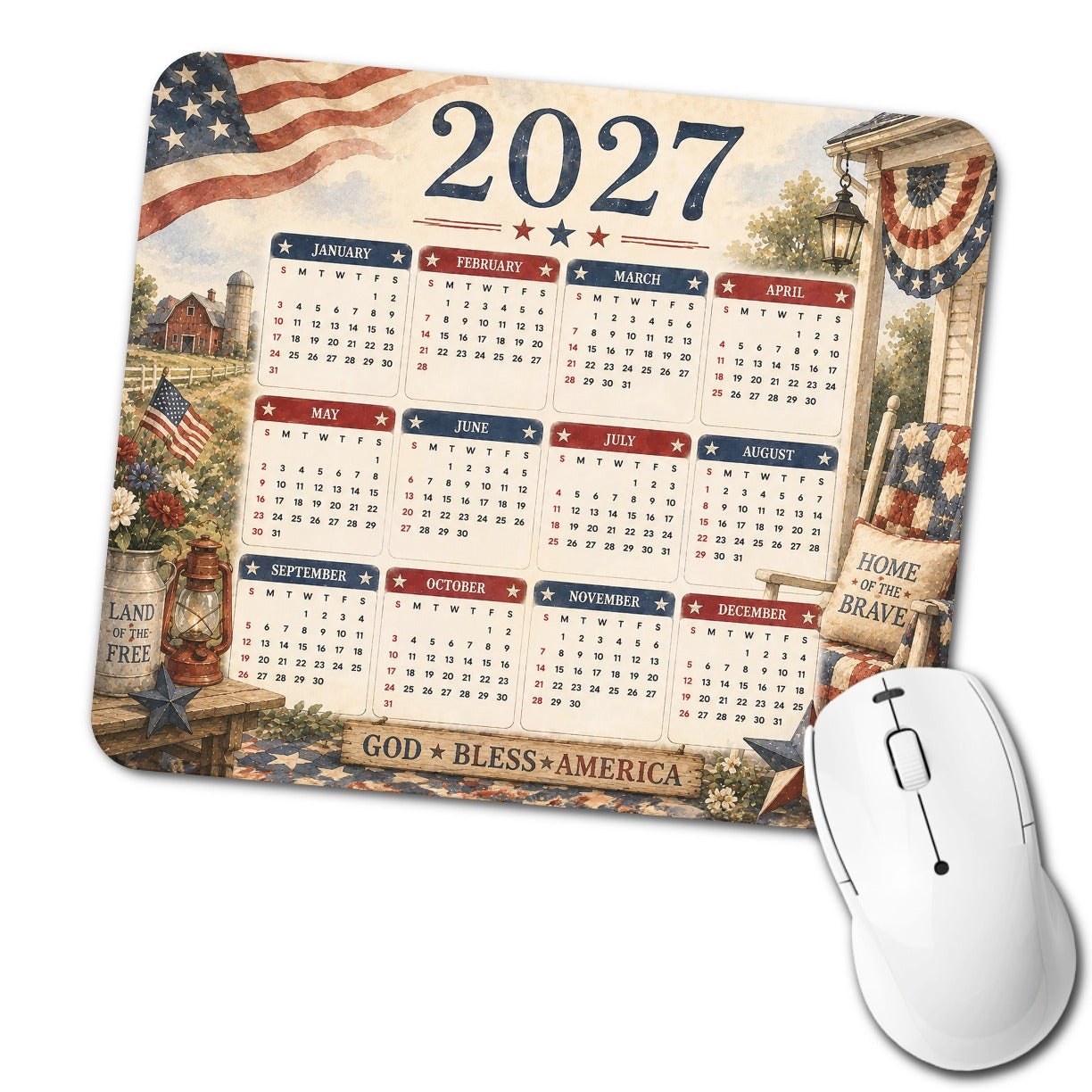 USA Patriotic God Bless Americana 2027 Calendar Low Profile Mouse Pad Mat