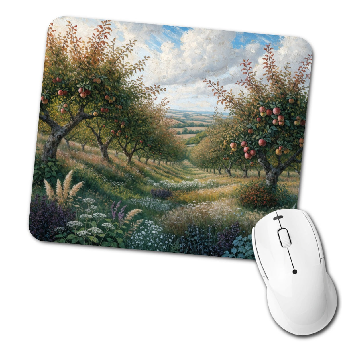 Apple Orchard Country Illustration Low Profile Mouse Pad Mat