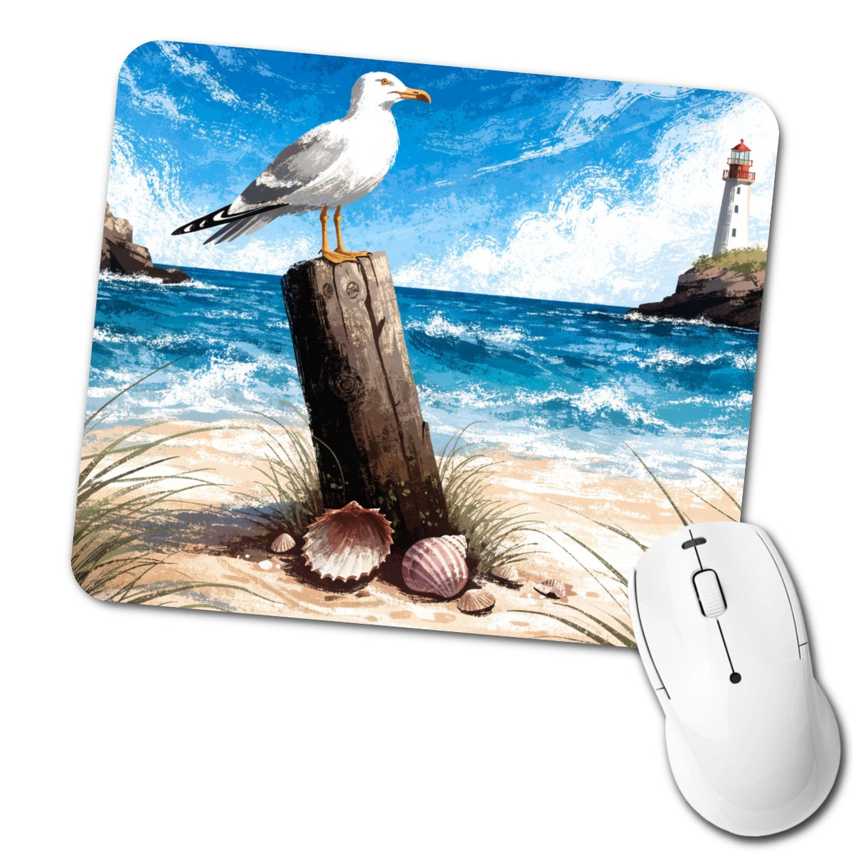 Coastal Seagull Beach Scene Low Profile Mouse Pad Mat