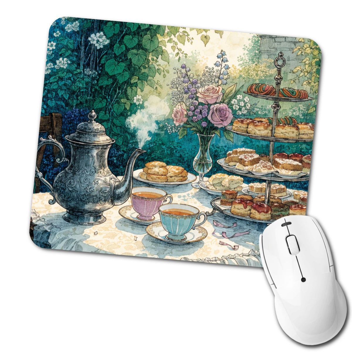 Elegant Afternoon Tea Pot Scones Low Profile Mouse Pad Mat