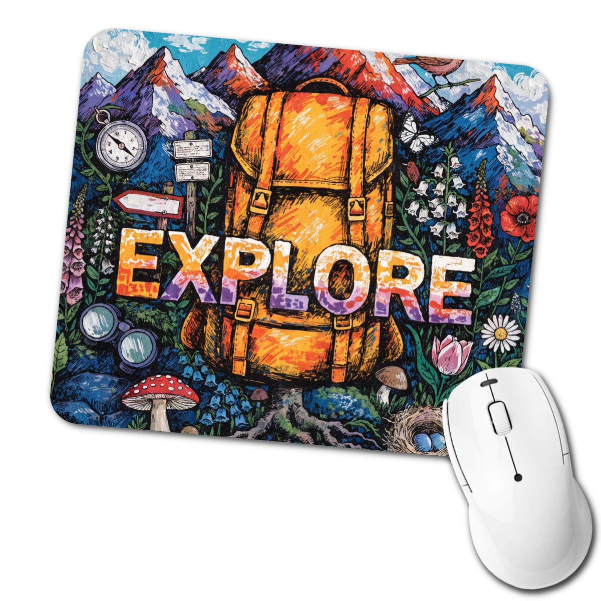 Explore Hiking Backpacking Illustration Low Profile Mouse Pad Mat