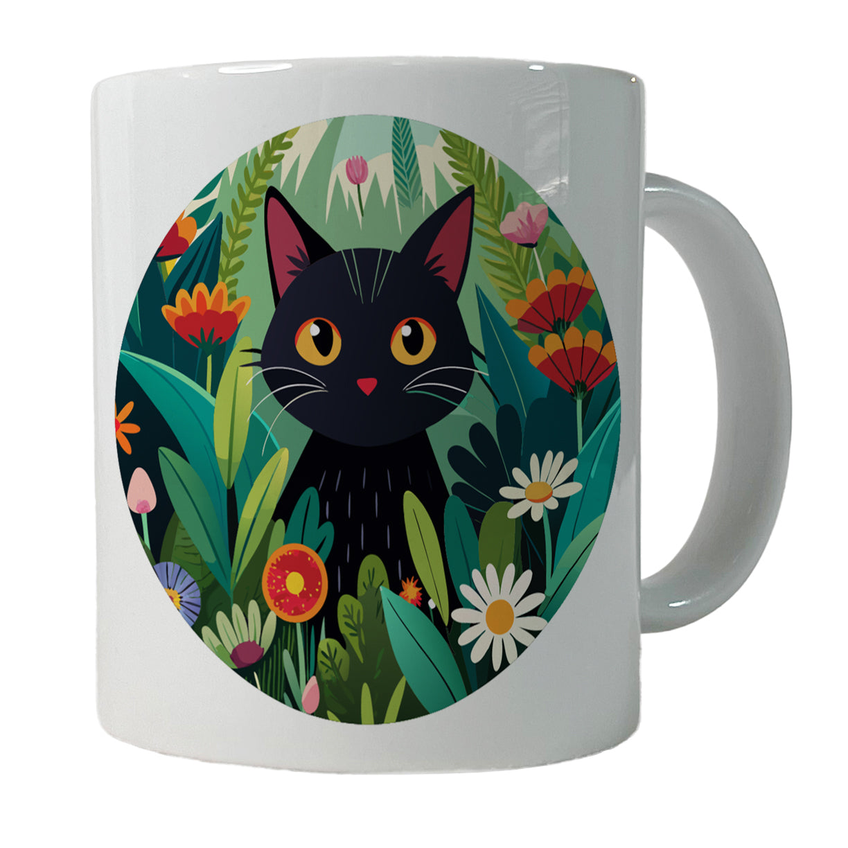 Black Cat Hiding in Flower Garden Ceramic Tea Coffee Mug Cup - 11oz