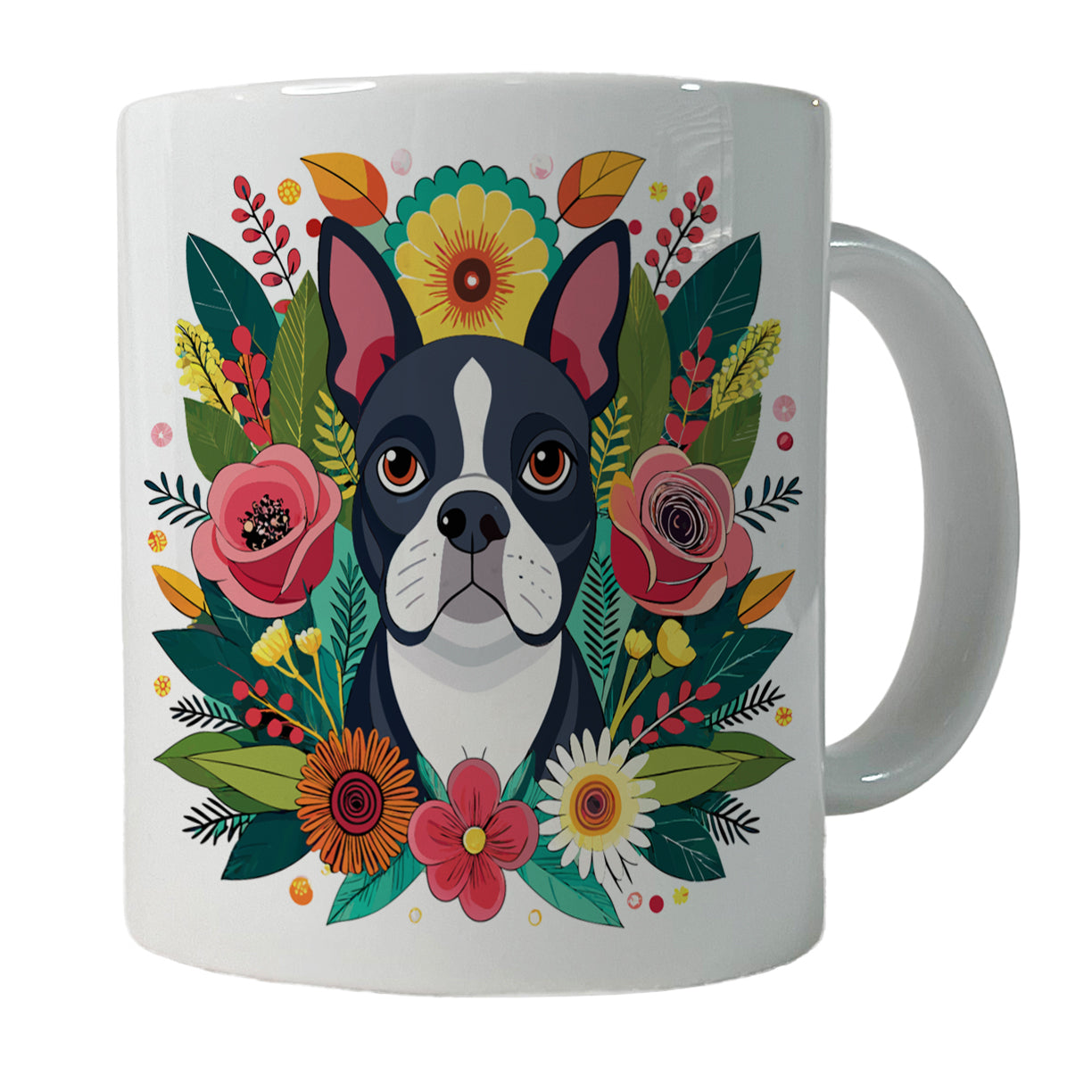 Boston Terrier Dog Floral Flowers Ceramic Tea Coffee Mug Cup - 11oz