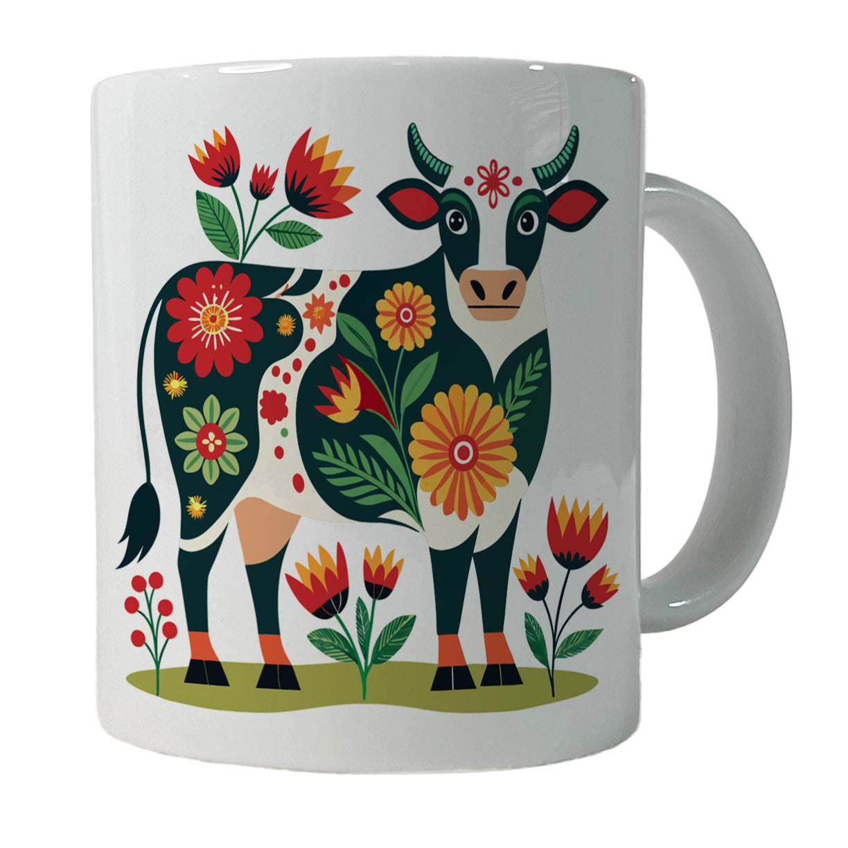 Cow Floral Motif Ceramic Tea Coffee Mug Cup - 11oz