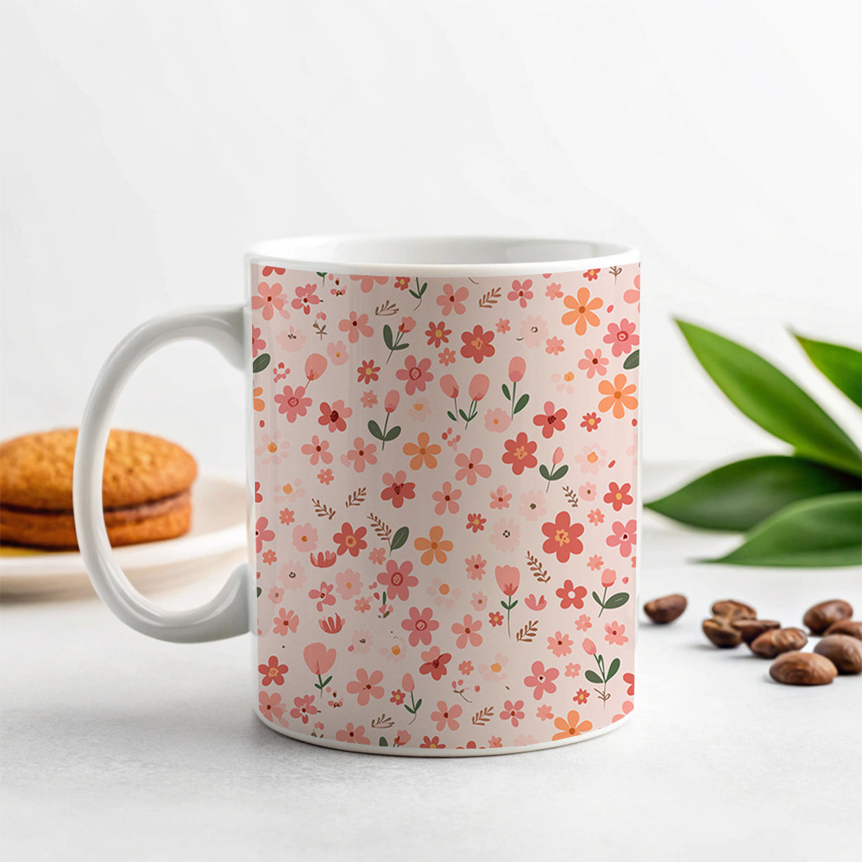 Flowers Peach Pink Cute Pattern Ceramic Tea Coffee Mug Cup - 11oz