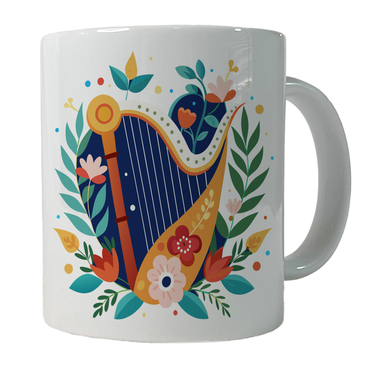 Harp Music Floral Motif Ceramic Tea Coffee Mug Cup - 11oz