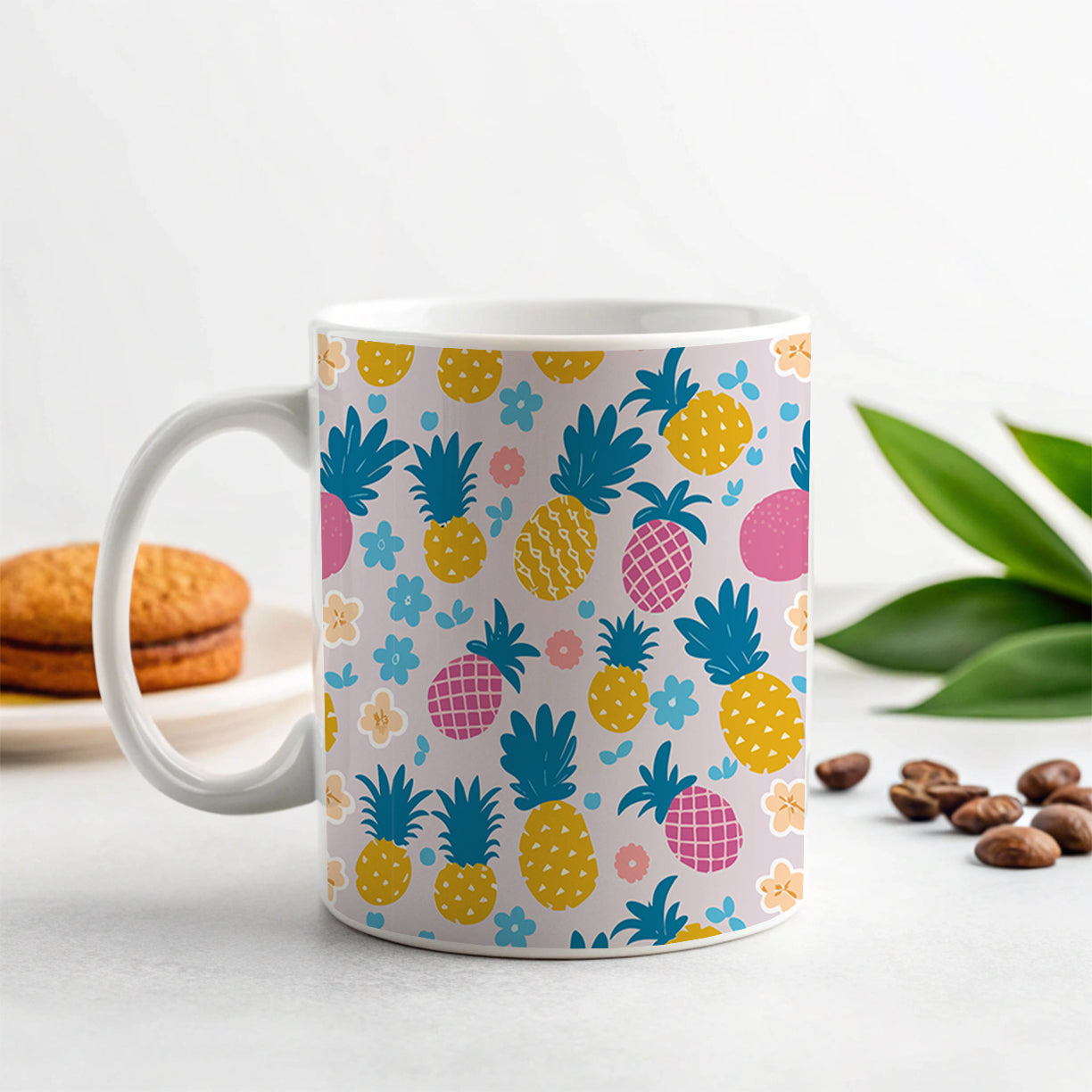 Pineapples Tropical Flowers Pattern Ceramic Tea Coffee Mug Cup - 11oz