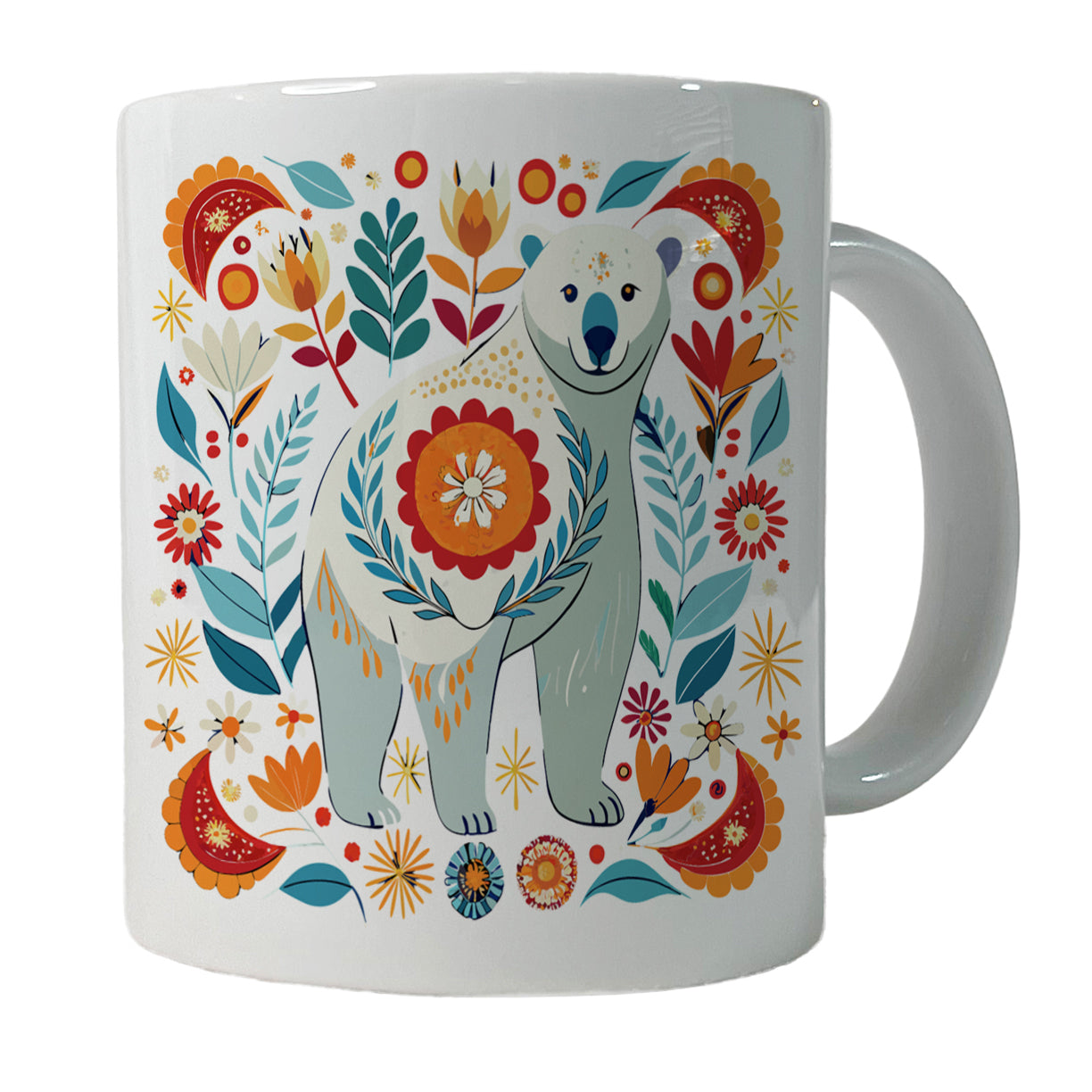 Polar Bear Floral Motif Ceramic Tea Coffee Mug Cup - 11oz