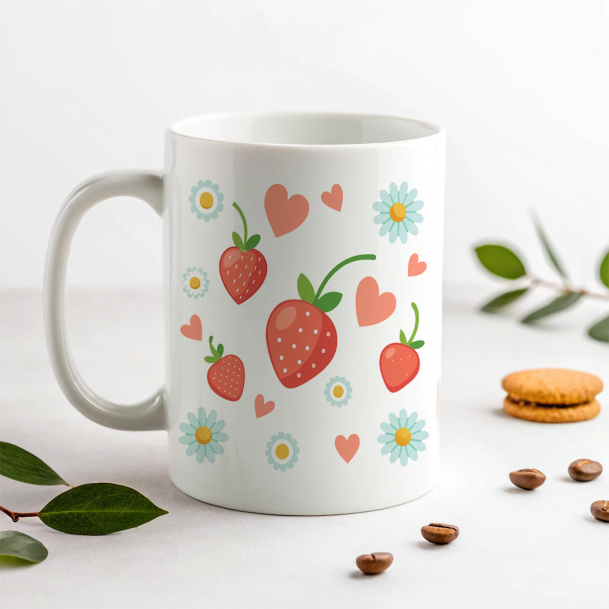 Strawberries Daisies Strawberry Daisy Hearts Ceramic Tea Coffee Mug Cup - 11oz