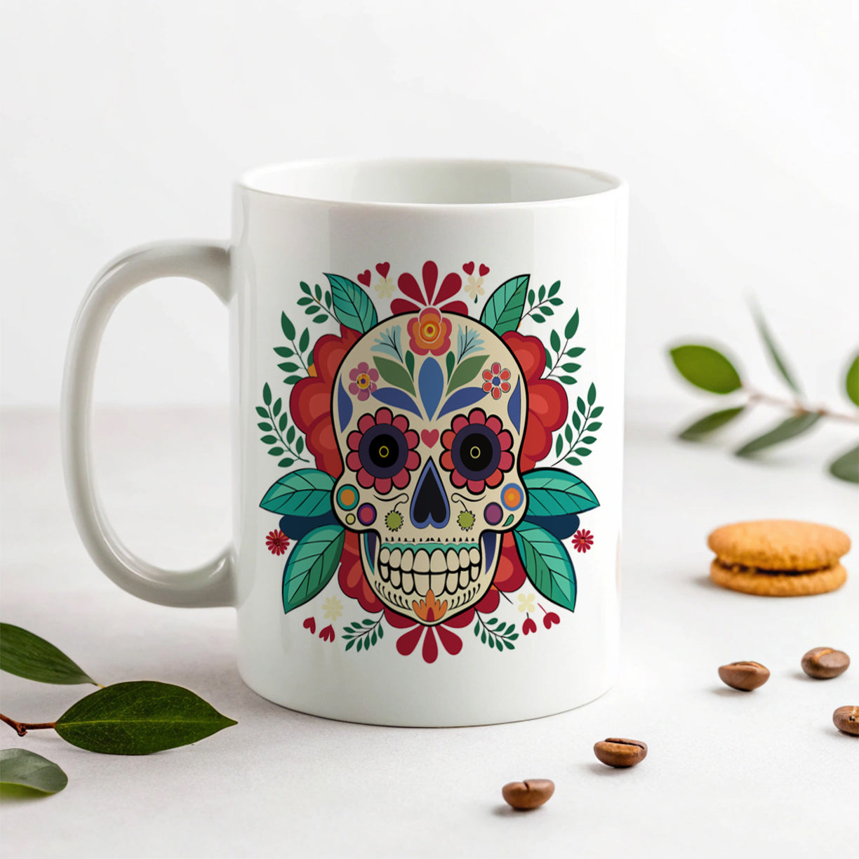 Sugar Skull with Floral Background Ceramic Tea Coffee Mug Cup - 11oz