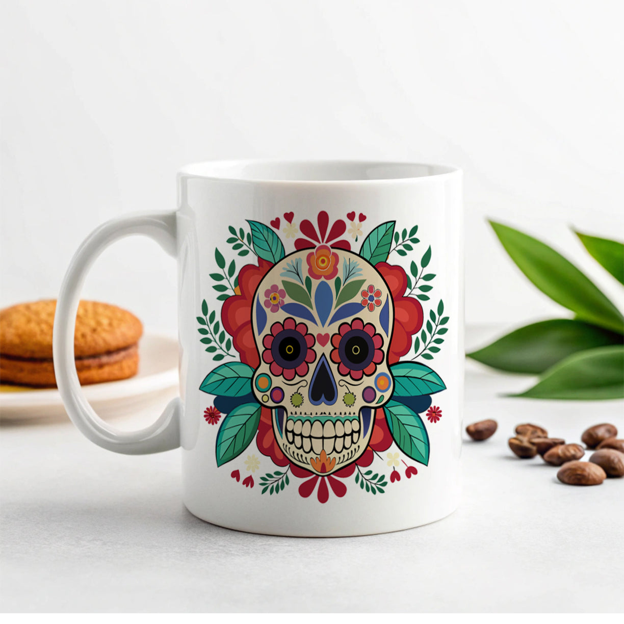 Sugar Skull with Floral Background Ceramic Tea Coffee Mug Cup - 11oz