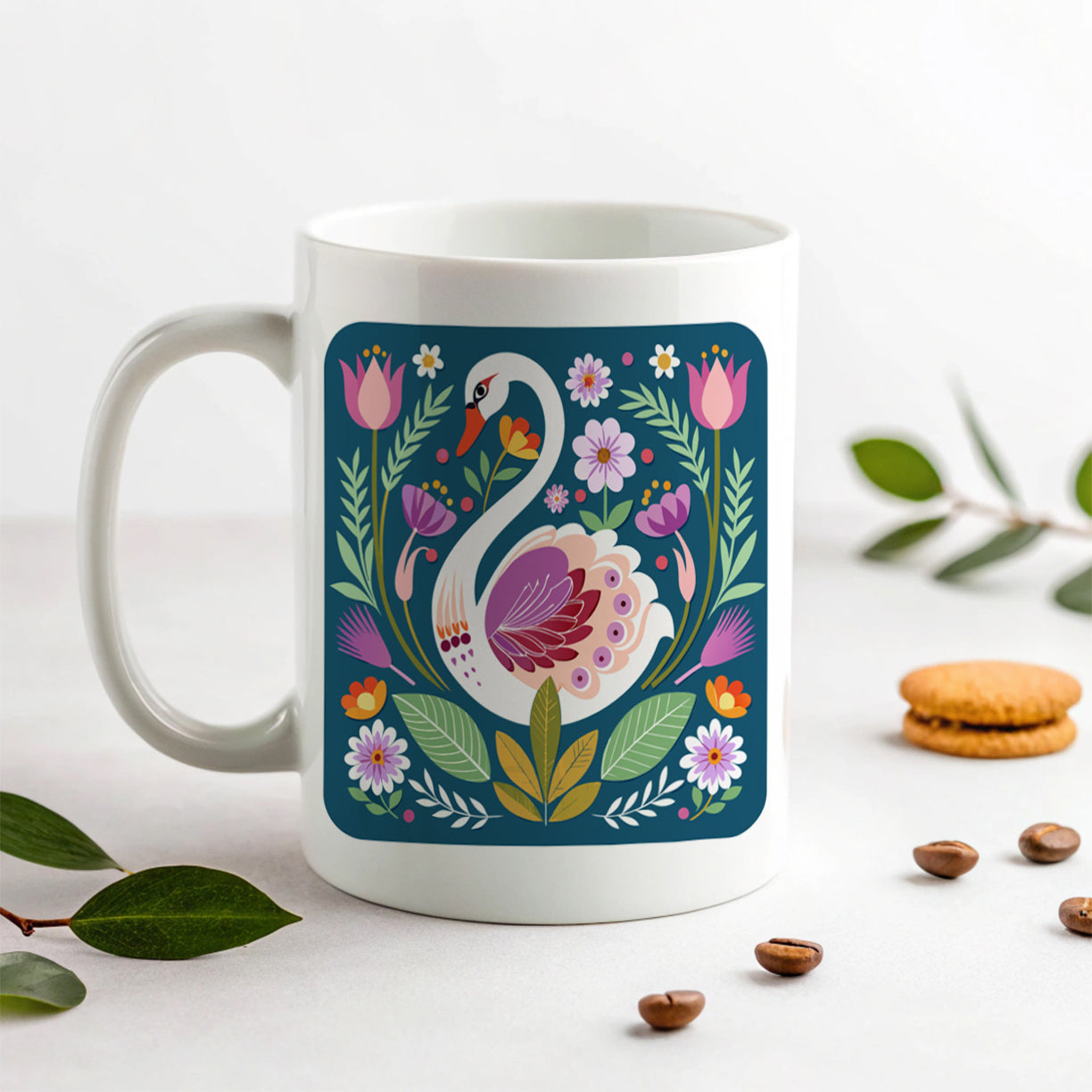 Swan Bird Floral Flowers Ceramic Tea Coffee Mug Cup - 11oz