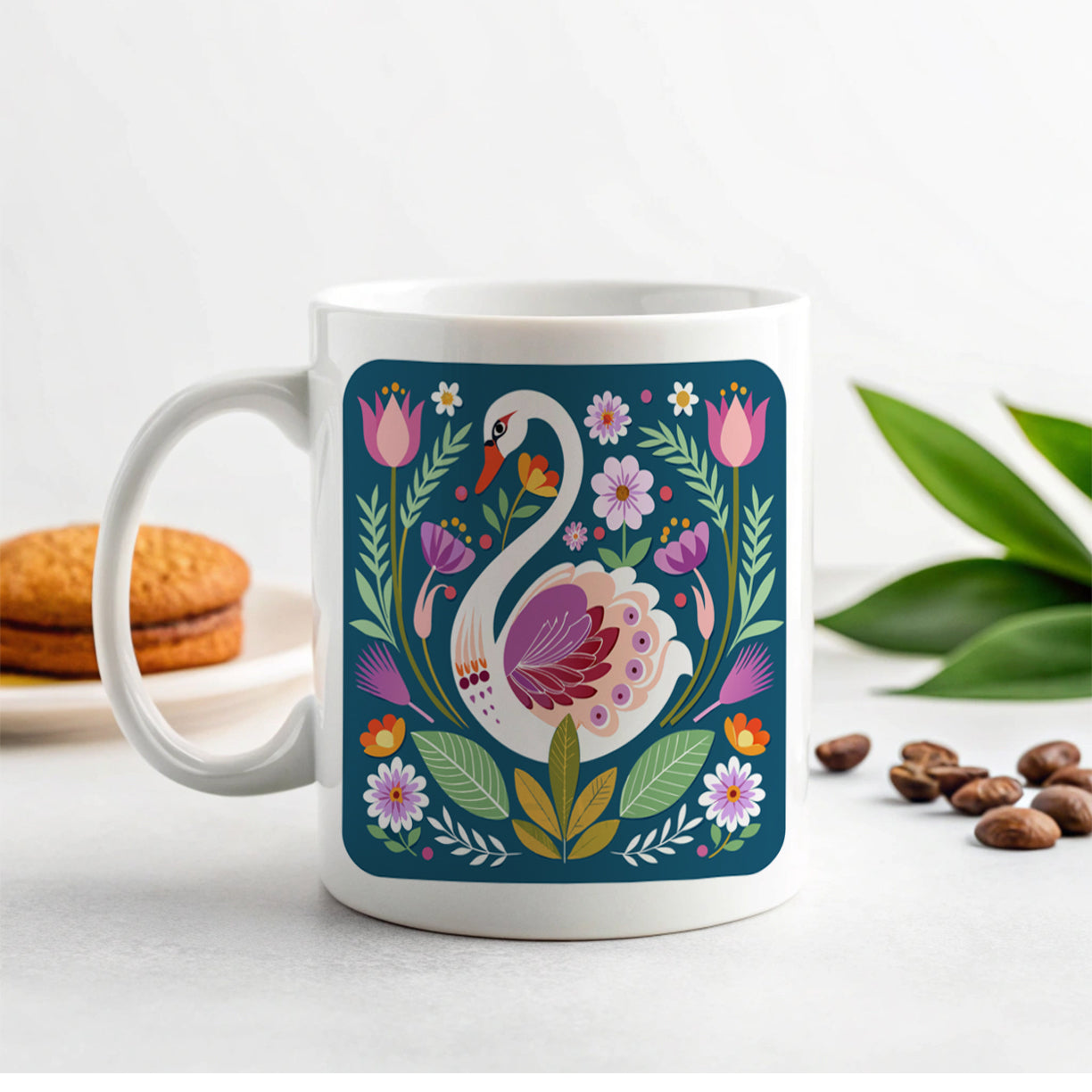 Swan Bird Floral Flowers Ceramic Tea Coffee Mug Cup - 11oz