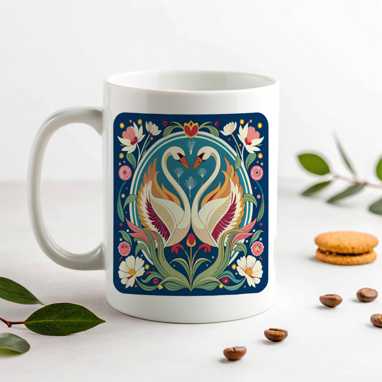 Swans Floral Art Nouveau Flowers Elegant Ceramic Tea Coffee Mug Cup - 11oz