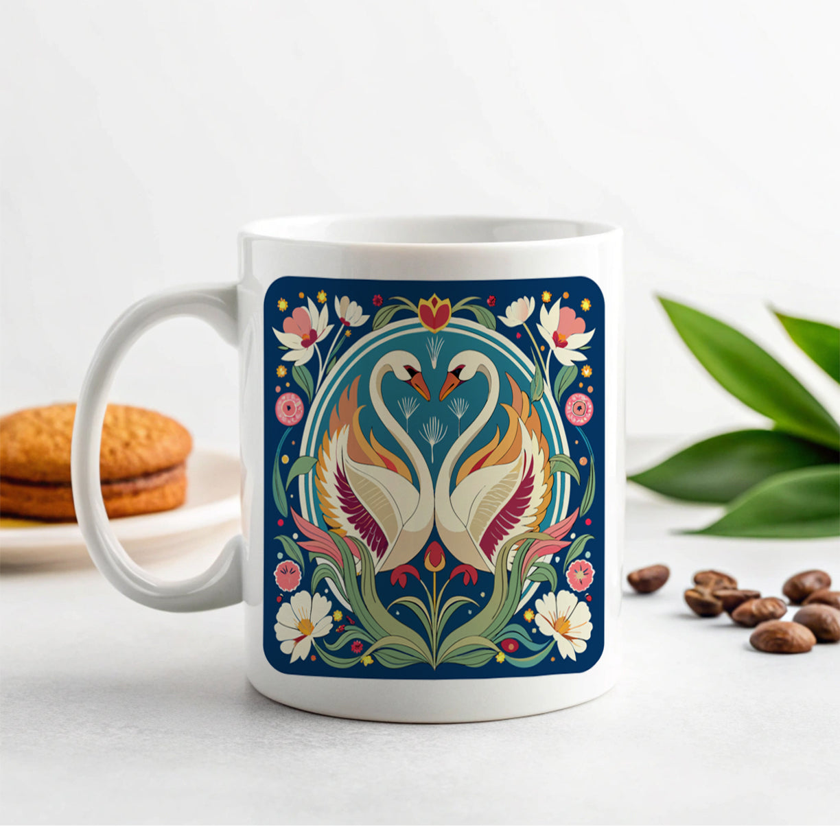 Swans Floral Art Nouveau Flowers Elegant Ceramic Tea Coffee Mug Cup - 11oz