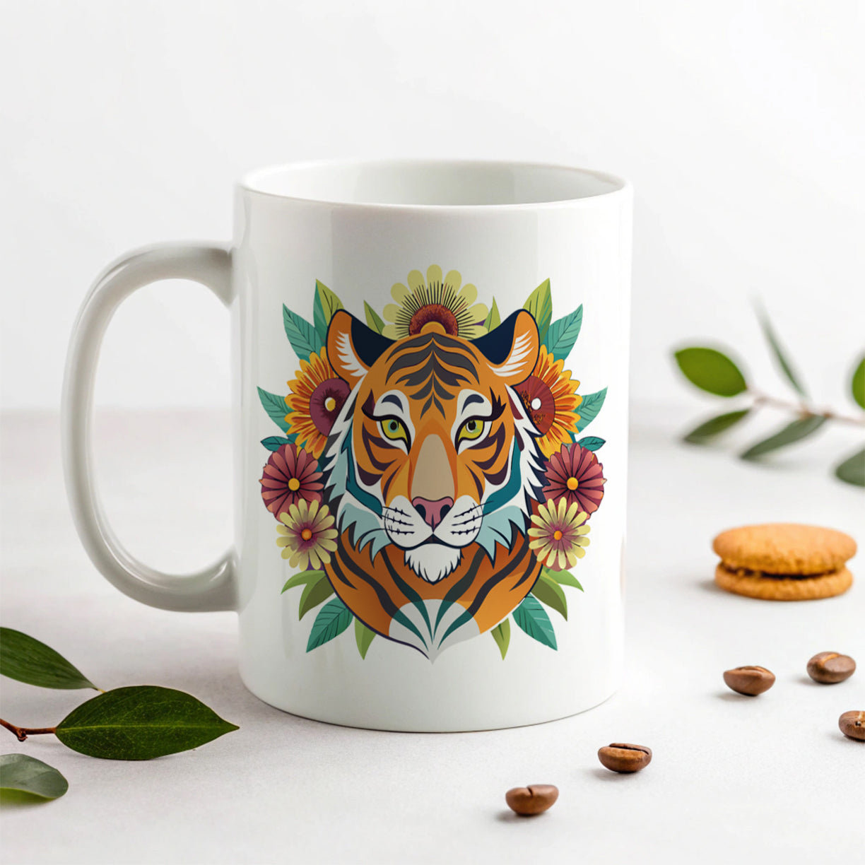 Tiger Head Floral Flowers Ceramic Tea Coffee Mug Cup - 11oz