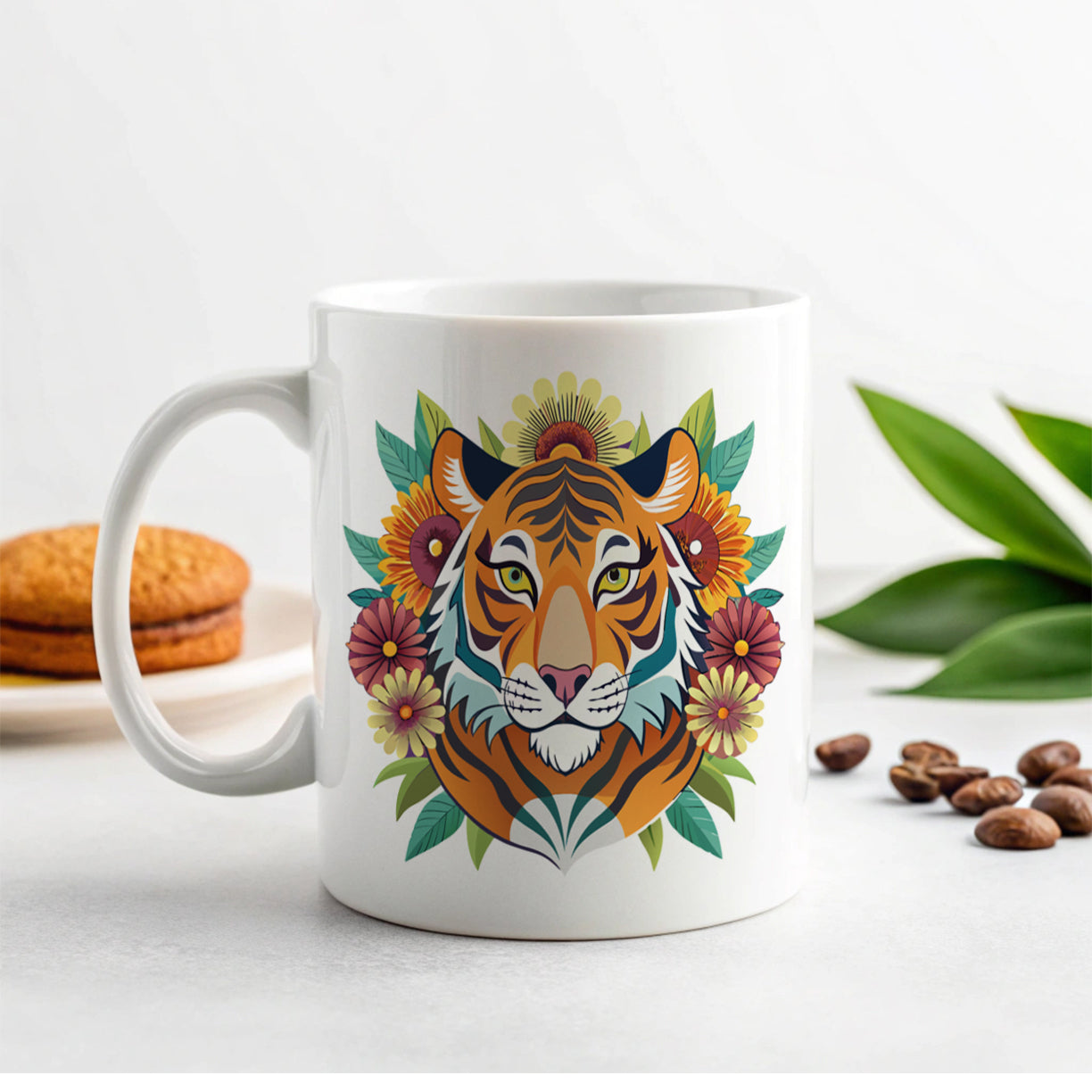 Tiger Head Floral Flowers Ceramic Tea Coffee Mug Cup - 11oz