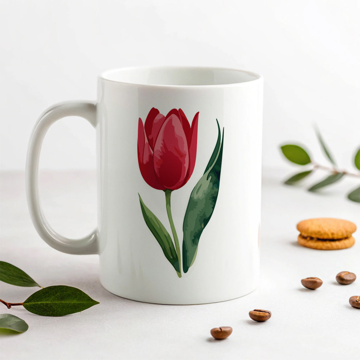 Tulip Flower Red Watercolor Ceramic Tea Coffee Mug Cup - 11oz