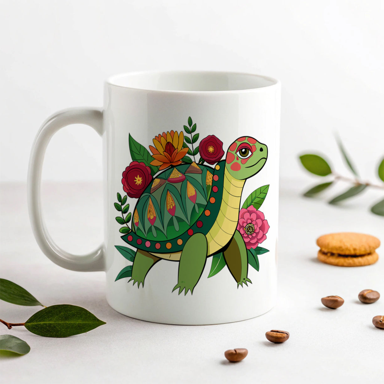 Turtle Floral Flowers Ceramic Tea Coffee Mug Cup - 11oz