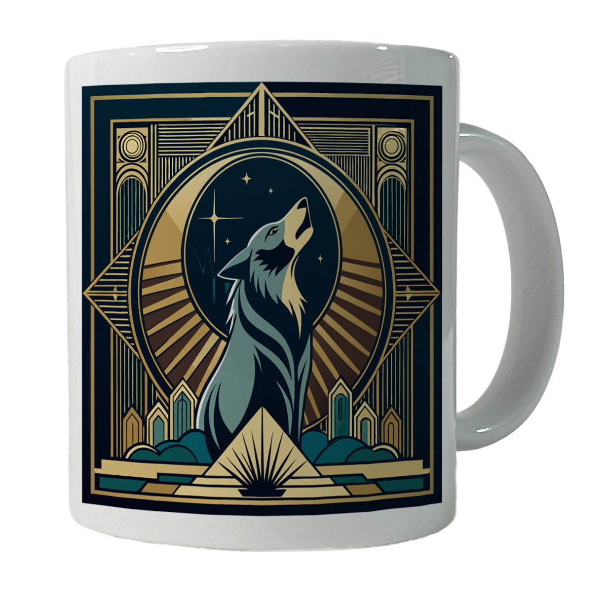 Wolf Howling at Moon Art Deco Ceramic Tea Coffee Mug Cup - 11oz