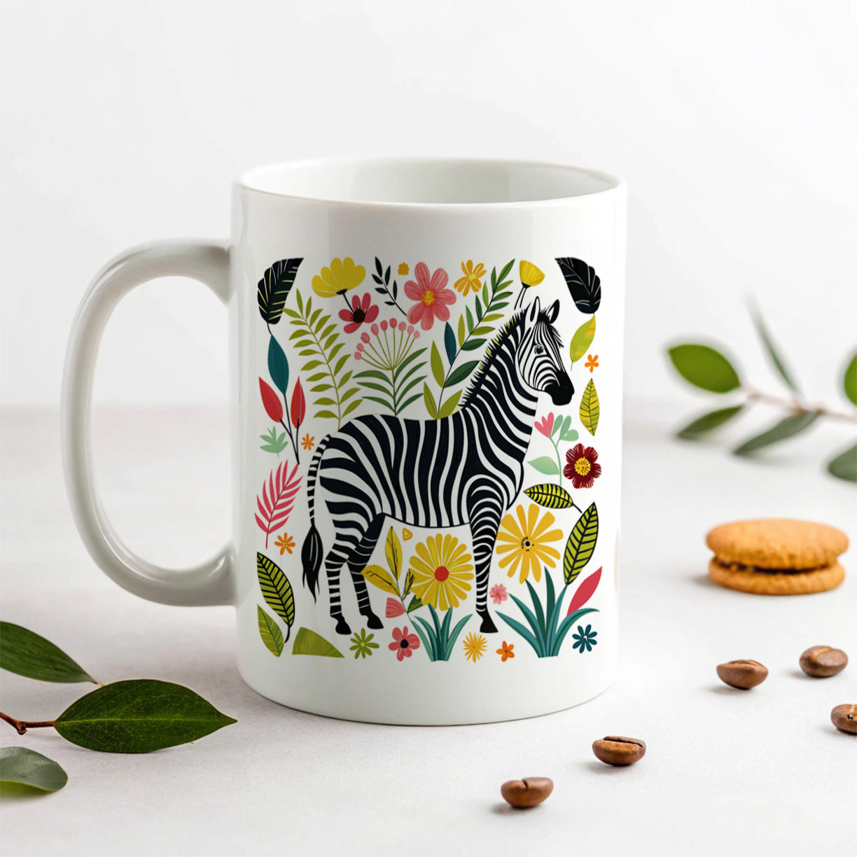 Zebra Floral Flowers Motif Ceramic Tea Coffee Mug Cup - 11oz