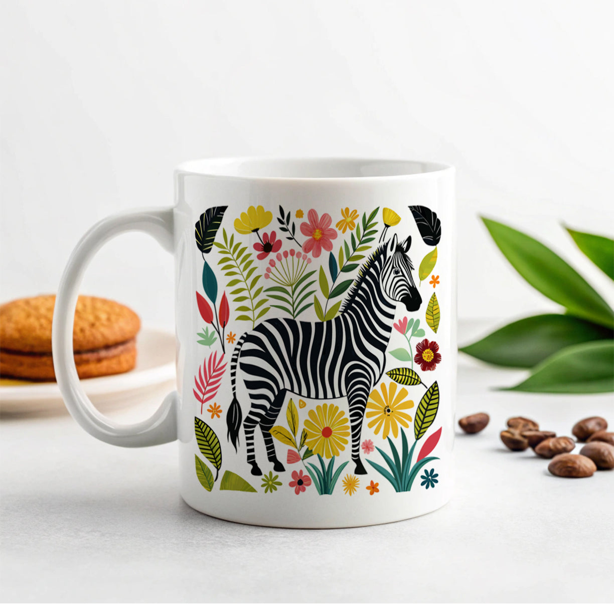 Zebra Floral Flowers Motif Ceramic Tea Coffee Mug Cup - 11oz