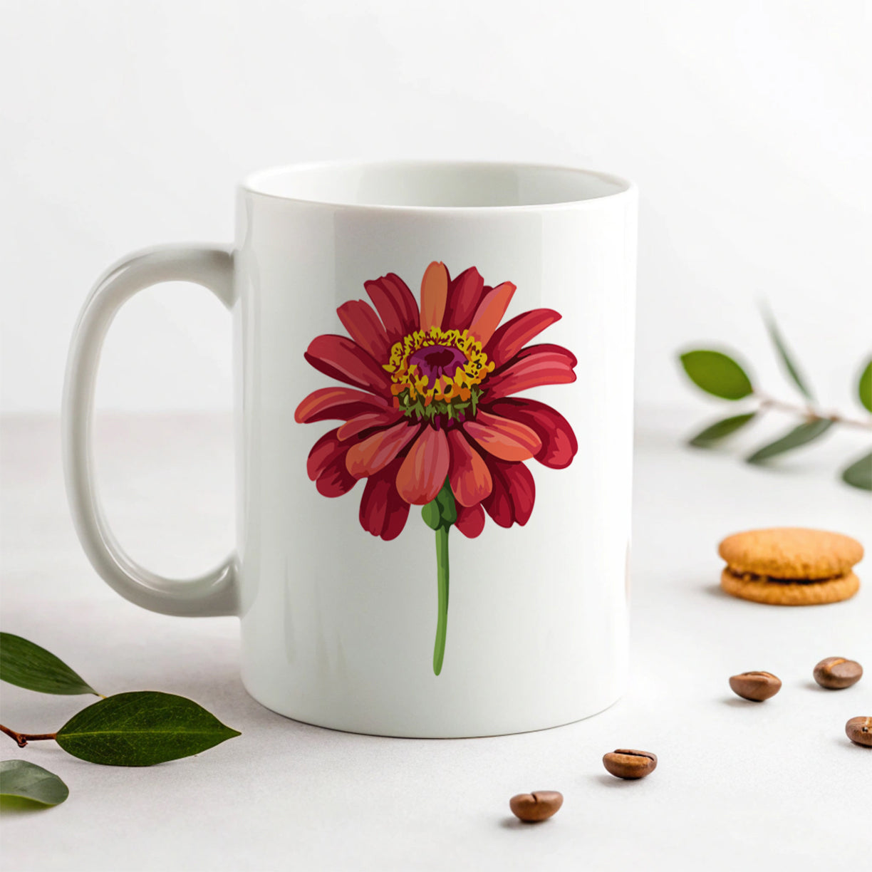 Zinnia Flower Red Watercolor Ceramic Tea Coffee Mug Cup - 11oz