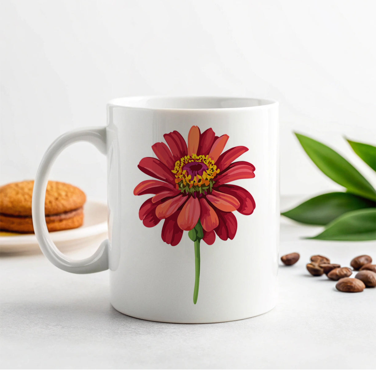 Zinnia Flower Red Watercolor Ceramic Tea Coffee Mug Cup - 11oz