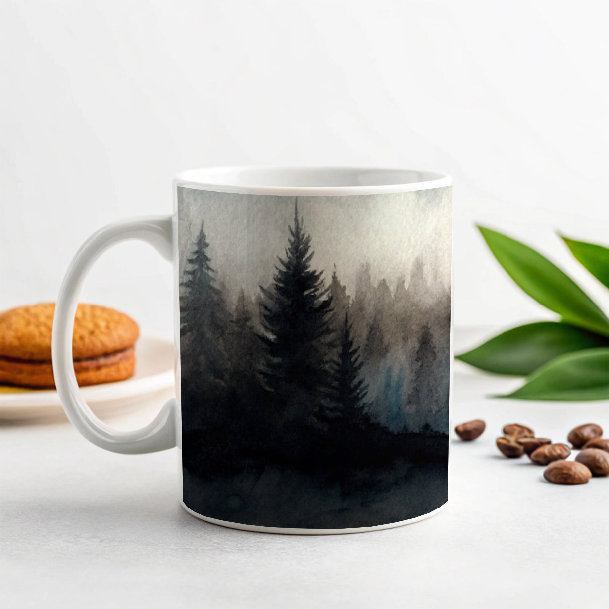 Black Shadow Forest Ombre Watercolor Ceramic Tea Coffee Mug Cup - 11oz