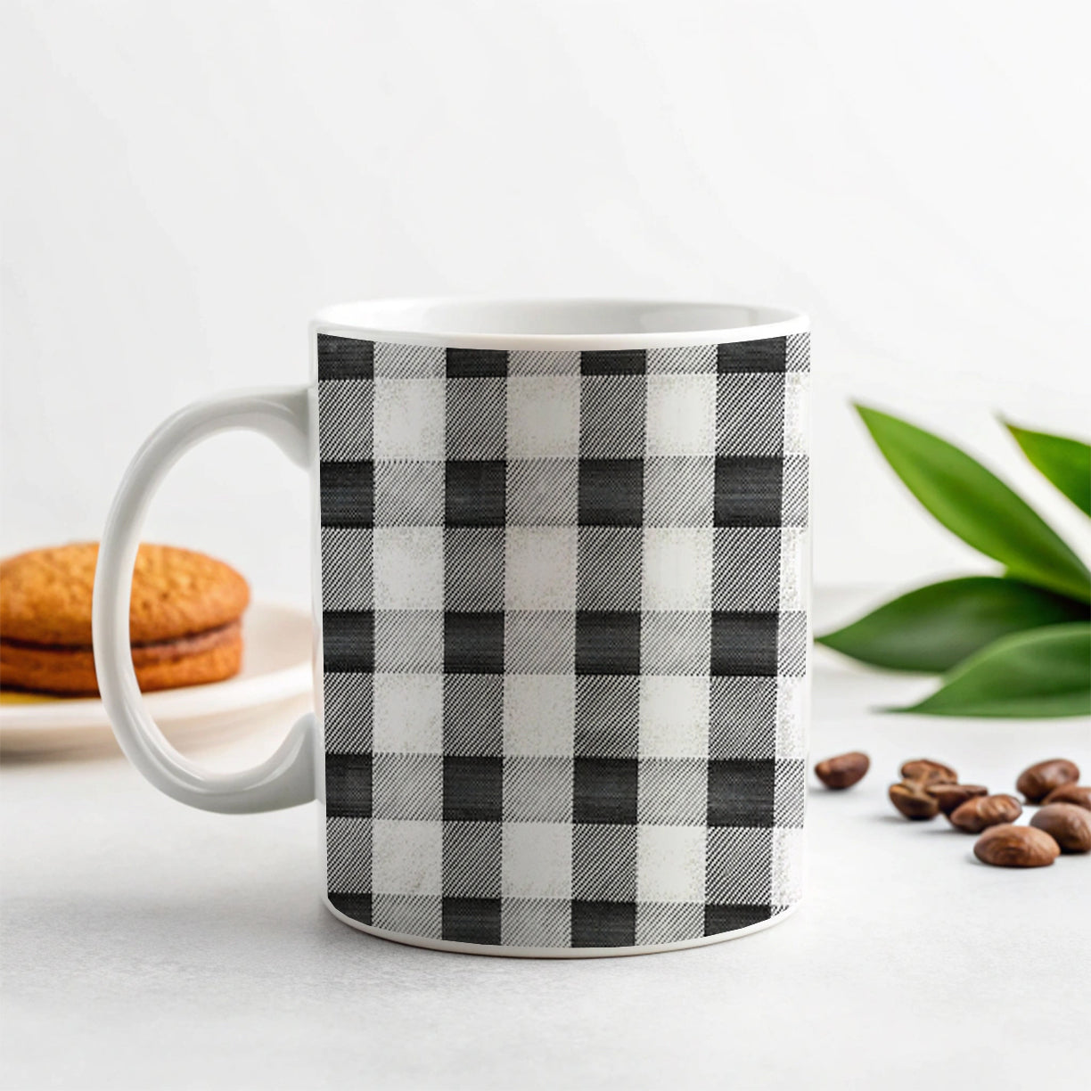 Black White Gingham Watercolor Ceramic Tea Coffee Mug Cup - 11oz
