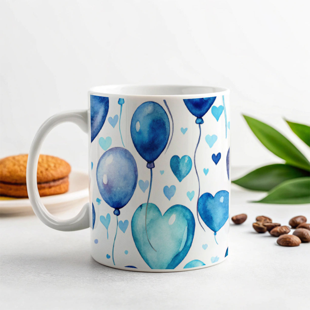 Blue Balloons Hearts Watercolor Birthday Ceramic Tea Coffee Mug Cup - 11oz