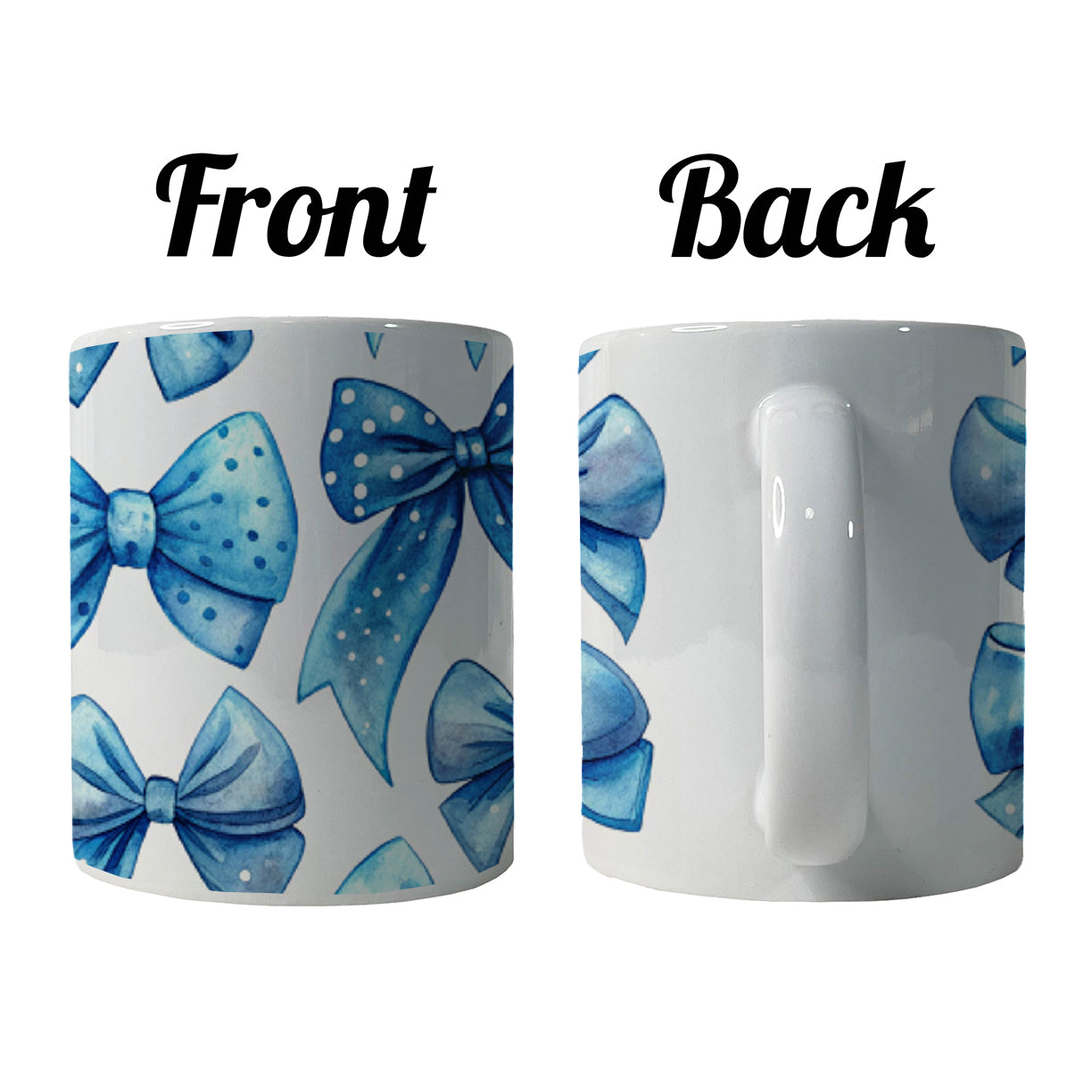 Blue Scattered Coquette Bows Cute Watercolor Ceramic Tea Coffee Mug Cup - 11oz