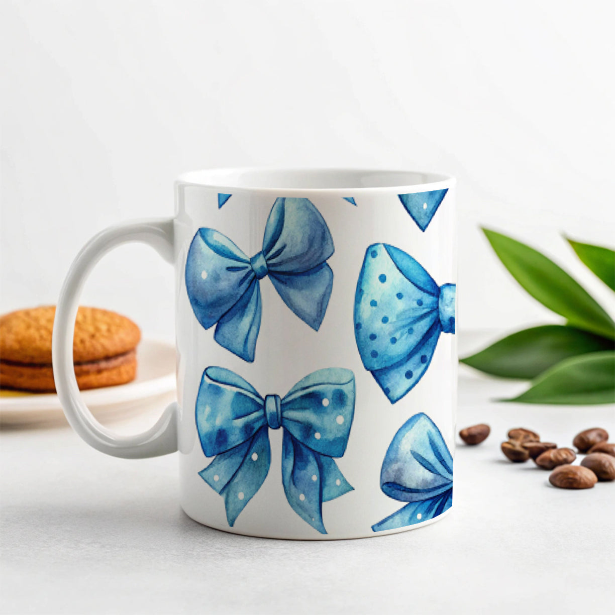Blue Scattered Coquette Bows Cute Watercolor Ceramic Tea Coffee Mug Cup - 11oz