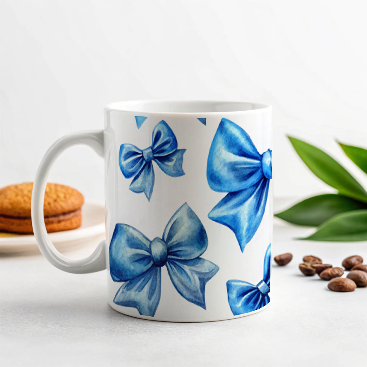 Blue Scattered Coquette Bows Watercolor Ceramic Tea Coffee Mug Cup - 11oz