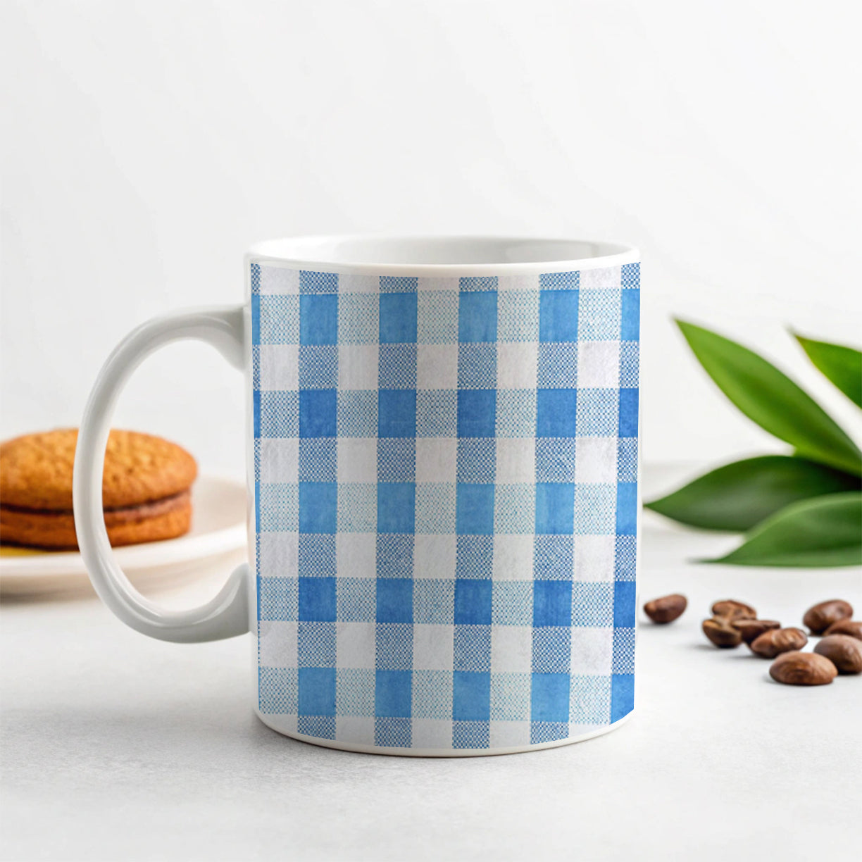 Blue White Gingham Watercolor Ceramic Tea Coffee Mug Cup - 11oz