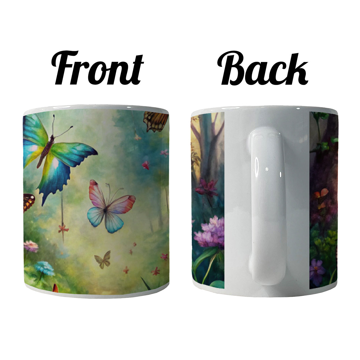 Butterflies In Forest Fantasy Watercolor Ceramic Tea Coffee Mug Cup - 11oz