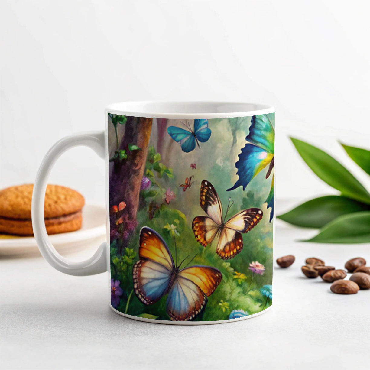 Butterflies In Forest Fantasy Watercolor Ceramic Tea Coffee Mug Cup - 11oz