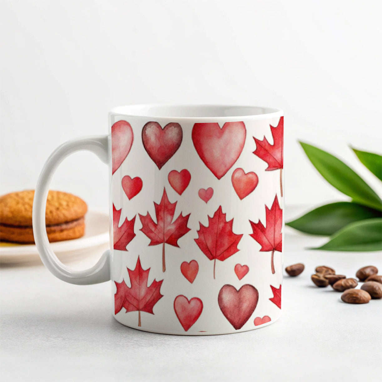 Canada Flags Maple Leaf Hearts Watercolor Ceramic Tea Coffee Mug Cup - 11oz