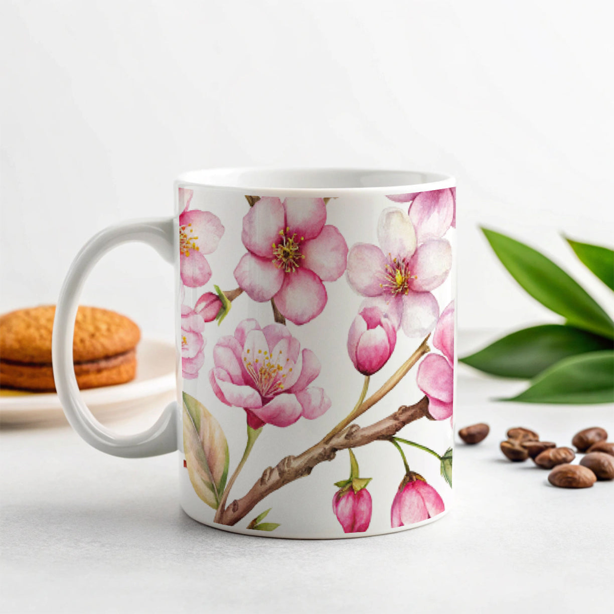 Cherry Blossom Flowers White Ceramic Tea Coffee Mug Cup - 11oz