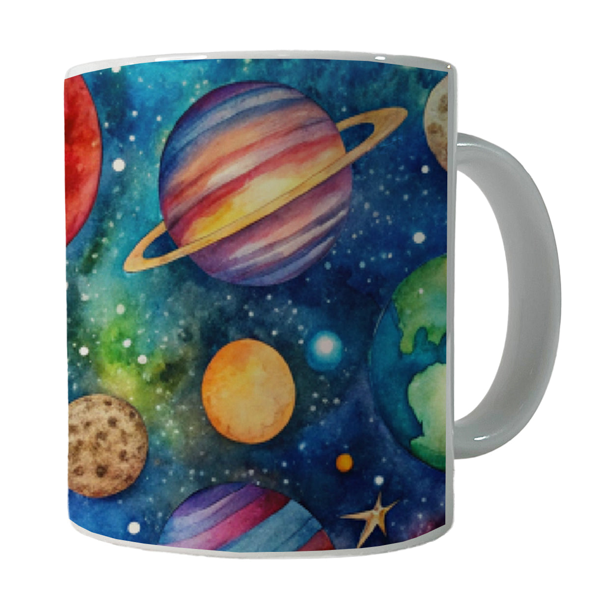 Colorful Planets In Space Watercolor Ceramic Tea Coffee Mug Cup - 11oz