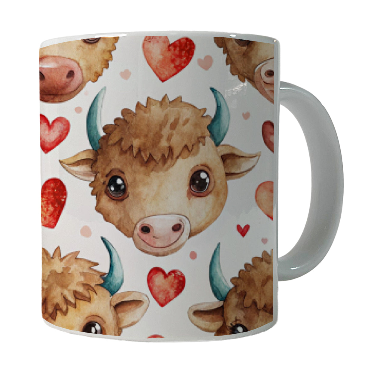 Cute Bison Faces Hearts Watercolor Ceramic Tea Coffee Mug Cup - 11oz