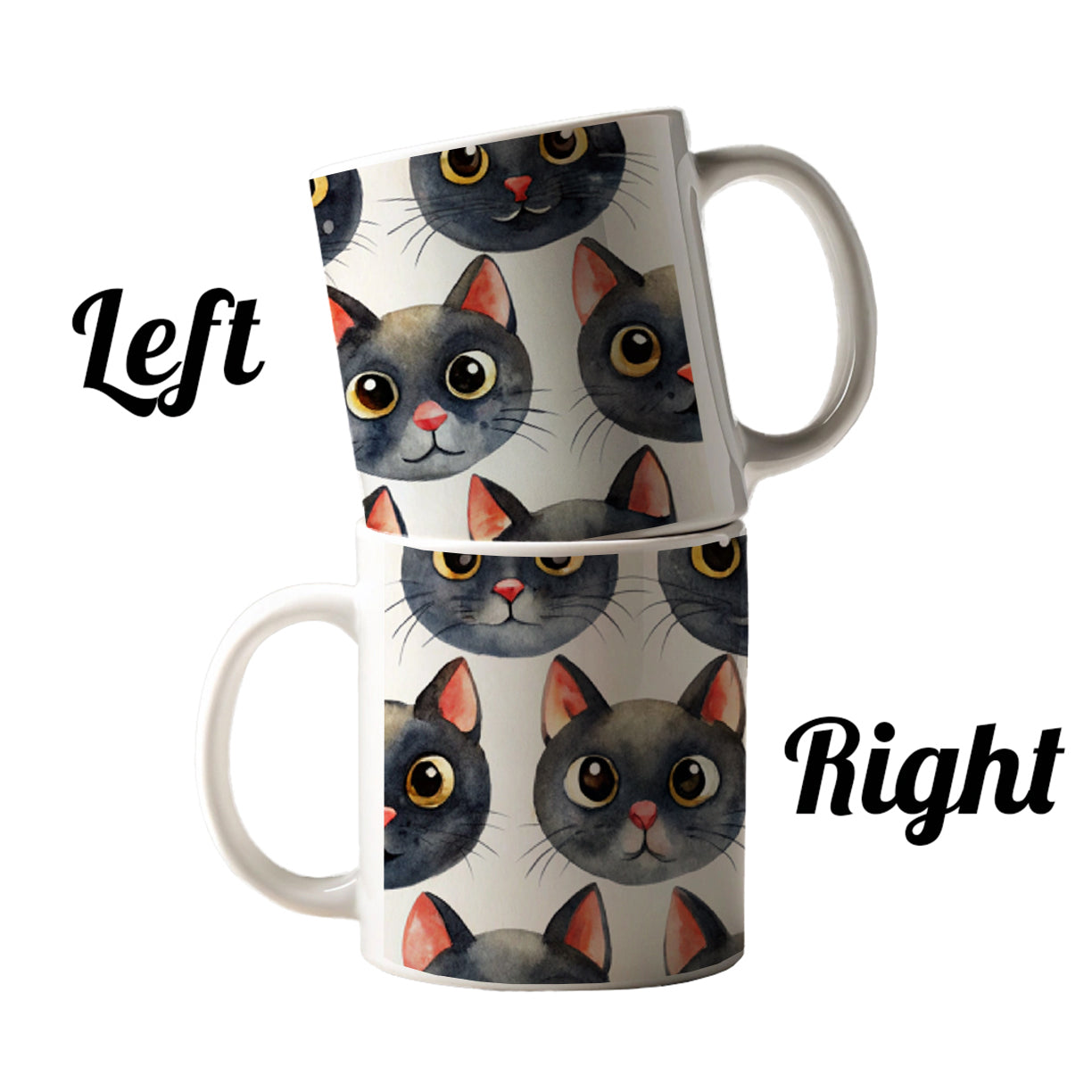 Cute Black Cat Faces Watercolor Ceramic Tea Coffee Mug Cup - 11oz